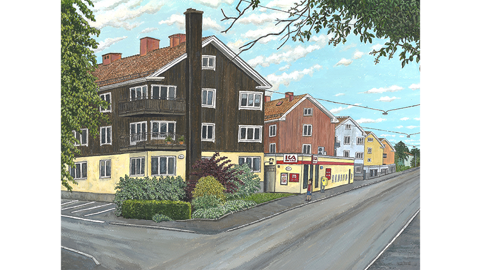 alt=Målning av gata med hus