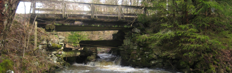 En mindre träbro som går över en fors, under bron finns även rester av en stengrund